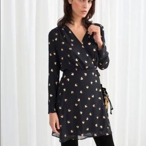 & Other Stories metallic gold leaf wrap black dress